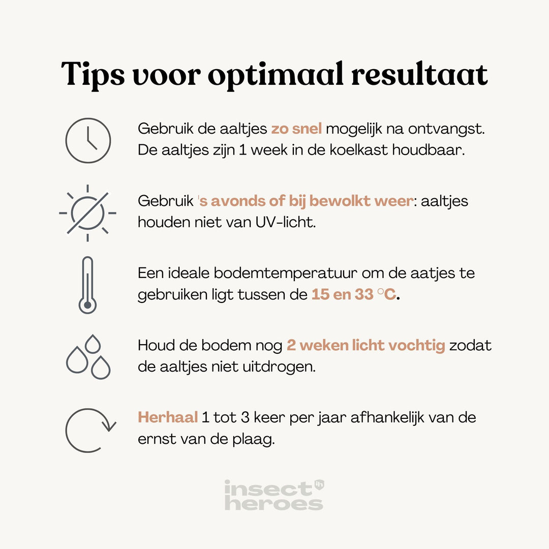 Tips voor het gebruiken van Phora: 1. Gebruik de aaltjes zo snel mogelijk na ontvangst; 2. Gebruik 's avonds of bij bewolkt weer; 3. Een ideale bodemtemperatuur ligt tussen 15 en 33 graden celsius; 4. Houd na gebruik de bodem nog 2 weken light vochtig; 5. Herhaal 1 tot 3 keer per jaar